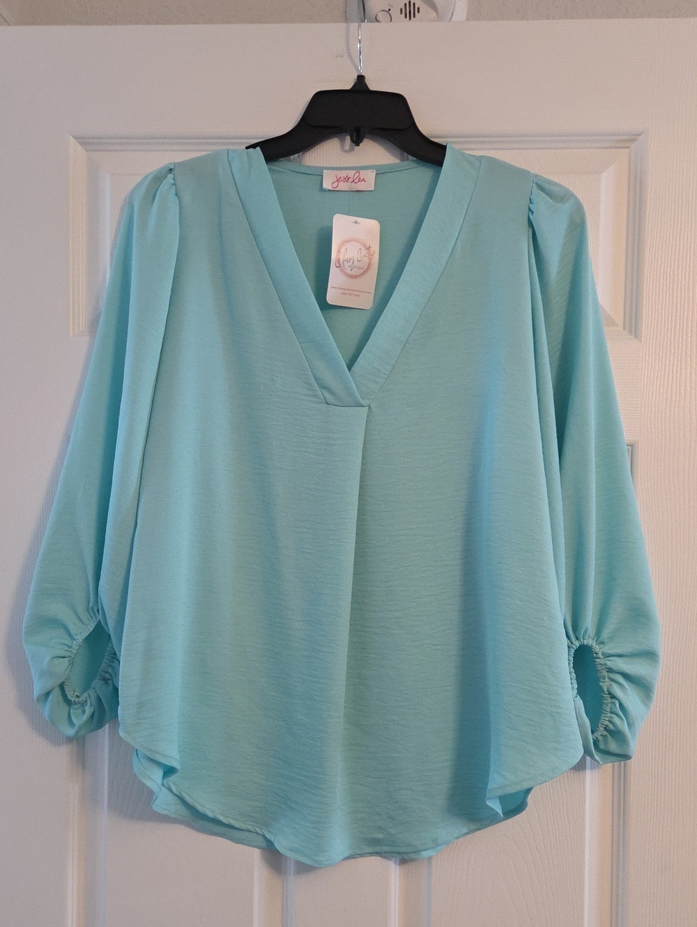 Jess Lea Aqua V-Neck Gathered Sleeve Blouse